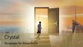  Presentation with open door - Beautiful slide deck featuring exit stairs - businessman walking towards open door backdrop and a yellow colored foreground