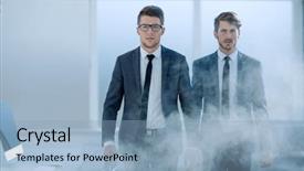  Presentation with young business people - PPT theme with exit stairs - young business people background and a light blue colored foreground