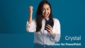  Presentation with winner - Cool new presentation theme with exited-asian-girl-making-winner backdrop and a  colored foreground