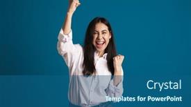  Presentation with winner - Presentation theme featuring exited-asian-girl-making-winner background and a ocean colored foreground