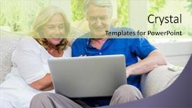 Presentation with senior living - Amazing PPT theme having exited senior couple using laptop backdrop and a soft green colored foreground