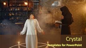  Presentation with moving news casting - Amazing PPT theme having exorcist-in-hood-casting-out backdrop and a tawny brown colored foreground