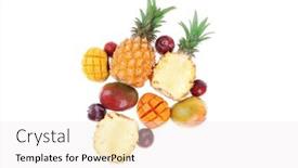  Presentation with fruits mango - Slide deck with exotic diet food - set of lot of tropical fruits include pineapple mango and red plum isolated over white background background and a sky blue colored foreground