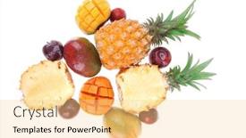  Presentation with fruits mango - Presentation having exotic diet food - set of lot of tropical fruits include pineapple mango and red plum isolated over white background background and a blonde colored foreground