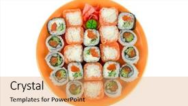  Presentation with sushi - Presentation featuring exotic food - closeup japanese sushi top view background and a yellow colored foreground