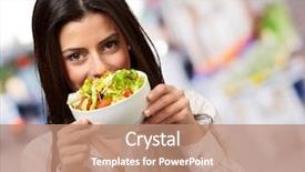  Presentation with fresh fruits salad on white - PPT theme enhanced with exotic food - portrait of young woman holding background and a coral colored foreground