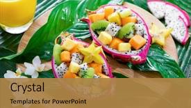  Presentation with tropical fruit - PPT layouts featuring exotic fruit salad served background and a gold colored foreground