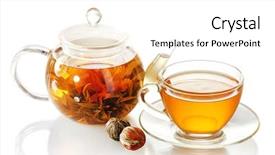  Presentation with green glass - Presentation theme consisting of exotic green tea with flowers in glass teapot and cup isolated on white background and a white colored foreground