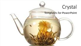  Presentation with green tea - Audience pleasing theme consisting of exotic green tea with flowers in glass teapot isolated on white backdrop and a white colored foreground