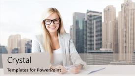  Presentation with five business people standing together and smiling - Slide deck consisting of expatriate - business and people concept background and a soft green colored foreground