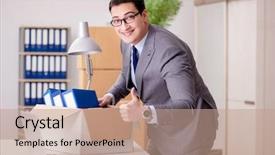  Presentation with promotion - Cool new PPT layouts with expatriate - businessman moving offices after promotion backdrop and a  colored foreground