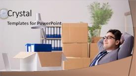 Presentation with moving - Colorful PPT theme enhanced with expatriate - young handsome businessman moving offices backdrop and a light gray colored foreground