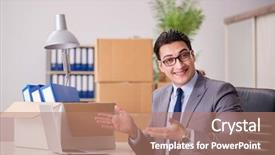  Presentation with moving - Audience pleasing PPT layouts consisting of expatriate - young handsome businessman moving offices backdrop and a  colored foreground