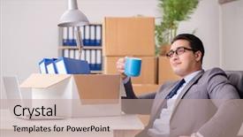  Presentation with moving targets - Cool new slide deck with expatriate - young handsome businessman moving offices backdrop and a coral colored foreground