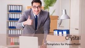  Presentation with moving - PPT layouts having expatriate - young handsome businessman moving offices background and a coral colored foreground