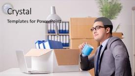  Presentation with moving - Cool new PPT theme with expatriate - young handsome businessman moving offices backdrop and a  colored foreground