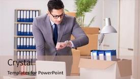  Presentation with moving for education - Slide deck consisting of expatriate - young handsome businessman moving offices background and a  colored foreground