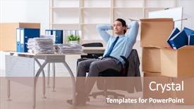  Presentation with employee - Amazing presentation design having expatriate - young man employee with boxes backdrop and a coral colored foreground