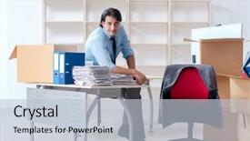  Presentation with boxes - Amazing PPT theme having expatriate - young man employee with boxes backdrop and a lemonade colored foreground