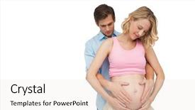  Presentation with mothers - Slide set having expectant happy parents holding mothers baby bump on white background background and a sky blue colored foreground