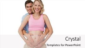  Presentation with mothers - Presentation design with expectant smiling parents holding mothers baby bump on white background background and a lemonade colored foreground
