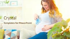  Presentation with baby shower baby shoes - Theme enhanced with expectation - pregnant happy woman holding blue background and a cream colored foreground