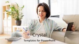  Presentation with business report - Theme with expense report - business savings finances and people background and a soft green colored foreground