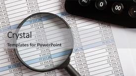  Presentation with magnifying lens over - Slide set having expense report - calculator and magnifying glass background and a light gray colored foreground