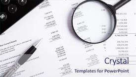  Presentation with business calculator - Slides having expense report - calculator and magnifying glass background and a sky blue colored foreground