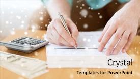  Presentation with money notes - Cool new PPT theme with expense report - savings finances paperwork and people backdrop and a lemonade colored foreground