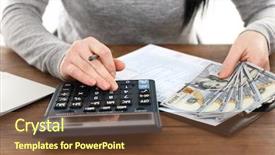  Presentation with caregiver medicine calculations - Theme enhanced with expense report - woman making calculations while holding background and a tawny brown colored foreground