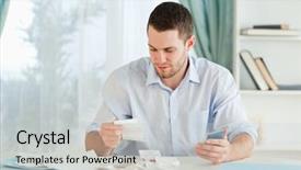  Presentation with calculator - Amazing PPT layouts having expense report - young businessman with calculator checking backdrop and a light gray colored foreground