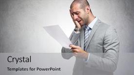  Presentation with depressed - Audience pleasing PPT theme consisting of expensive - depressed man reading a document backdrop and a light gray colored foreground