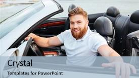  Presentation with car - Beautiful theme featuring expensive - smiling young bearded man getting backdrop and a light blue colored foreground