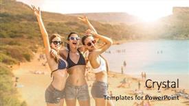  Presentation with experience - PPT layouts having experience sharing - three girls taking a picture background and a coral colored foreground
