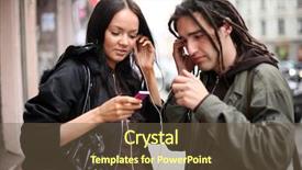  Presentation with city street - Beautiful presentation theme featuring experience sharing - young couple listening backdrop and a tawny brown colored foreground