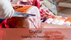  Presentation with butcher shop - PPT layouts having experienced butcher shop assistant cutting background and a red colored foreground