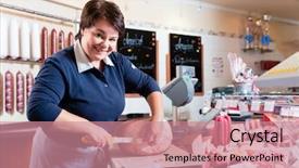  Presentation with butcher - PPT theme consisting of experienced butcher shop assistant cutting background and a coral colored foreground