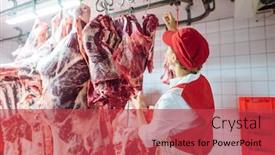  Presentation with butcher - Colorful presentation design enhanced with experienced-butcher-woman-inspecting-piece backdrop and a red colored foreground