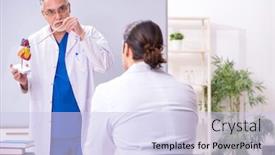  Presentation with cardiologist - Theme enhanced with experienced-doctor-cardiologist-teaching-young background and a sky blue colored foreground