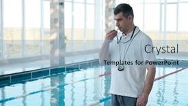  Presentation with swimmer - Theme having experienced-gray-haired-male-coach background and a light blue colored foreground