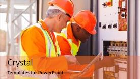  Presentation with electrical engineering - Presentation theme having experienced industrial technicians checking transformer background and a gold colored foreground