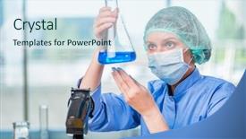  Presentation with solutions - PPT theme enhanced with experienced lab assistant working on chemical solutions background and a sky blue colored foreground