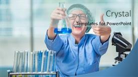  Presentation with solutions - Cool new presentation with experienced lab assistant working on chemical solutions backdrop and a light blue colored foreground