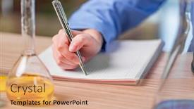  Presentation with solutions - Slides having experienced lab assistant working on chemical solutions background and a coral colored foreground