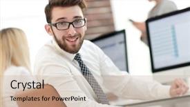  Presentation with ankle monitor - PPT theme having experienced programmer sitting in front background and a  colored foreground