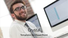  Presentation with staff - Audience pleasing slides consisting of experienced programmer sitting in front backdrop and a  colored foreground