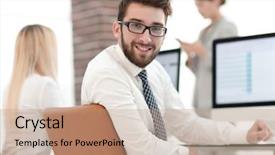  Presentation with ankle monitor - Colorful slide set enhanced with experienced programmer sitting in front backdrop and a  colored foreground