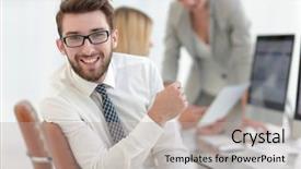  Presentation with monitor stakeholder - Colorful PPT layouts enhanced with experienced programmer sitting in front backdrop and a  colored foreground