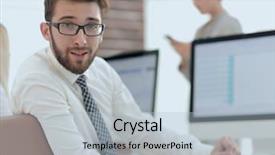  Presentation with monitor stakeholder - Slide deck enhanced with experienced programmer sitting in front background and a  colored foreground